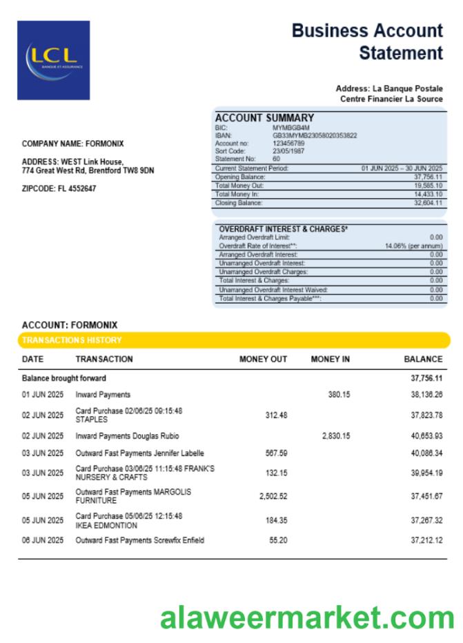 Centre National des Chèques Postaux company statement Word and PDF format